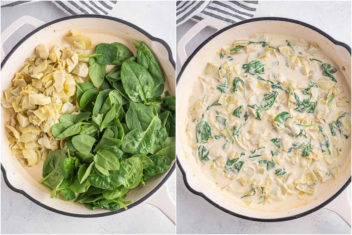 creamy spinach and artichoke sauce in a skillet