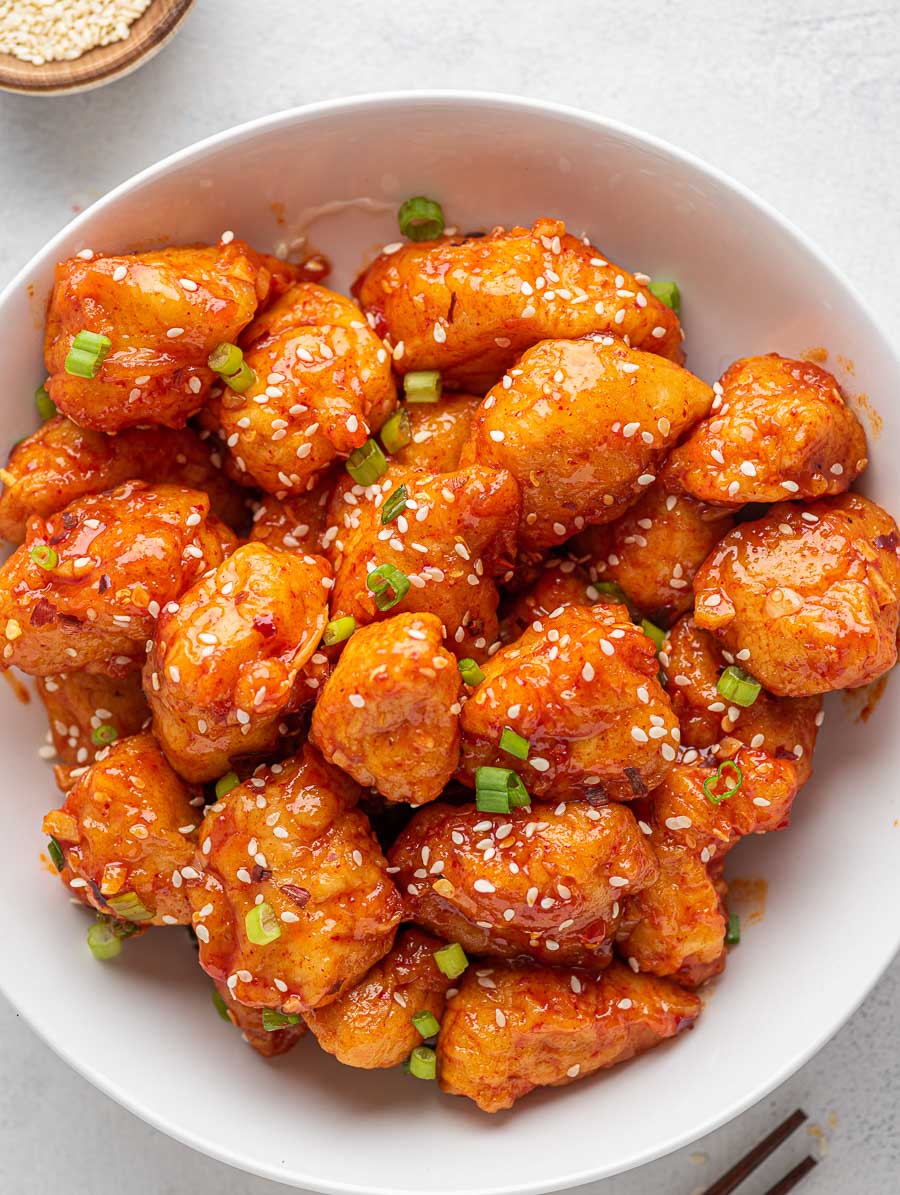 top down shot of sweet and spicy asian chicken