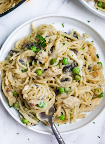 A plate of chicken tetrazzini with a fork inside.