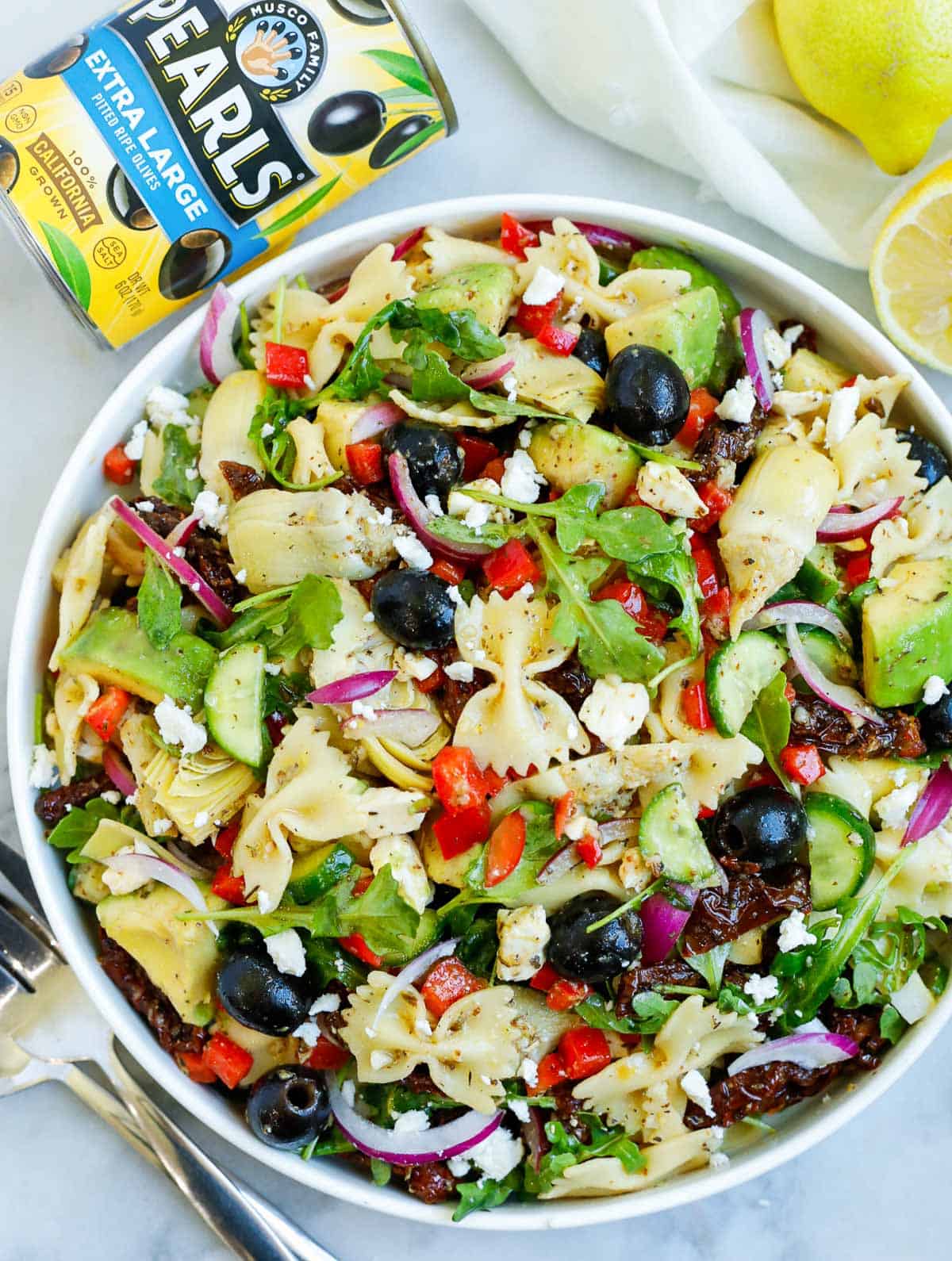 Overhead view of a lemon herb mediterranean salad.