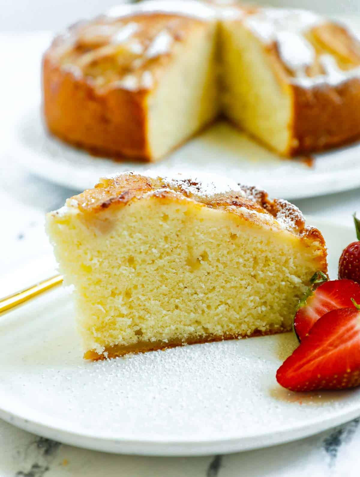 close up shot showing a piece of the pear cake.