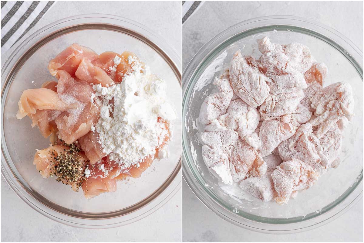 chicken being coated with coating ingredients