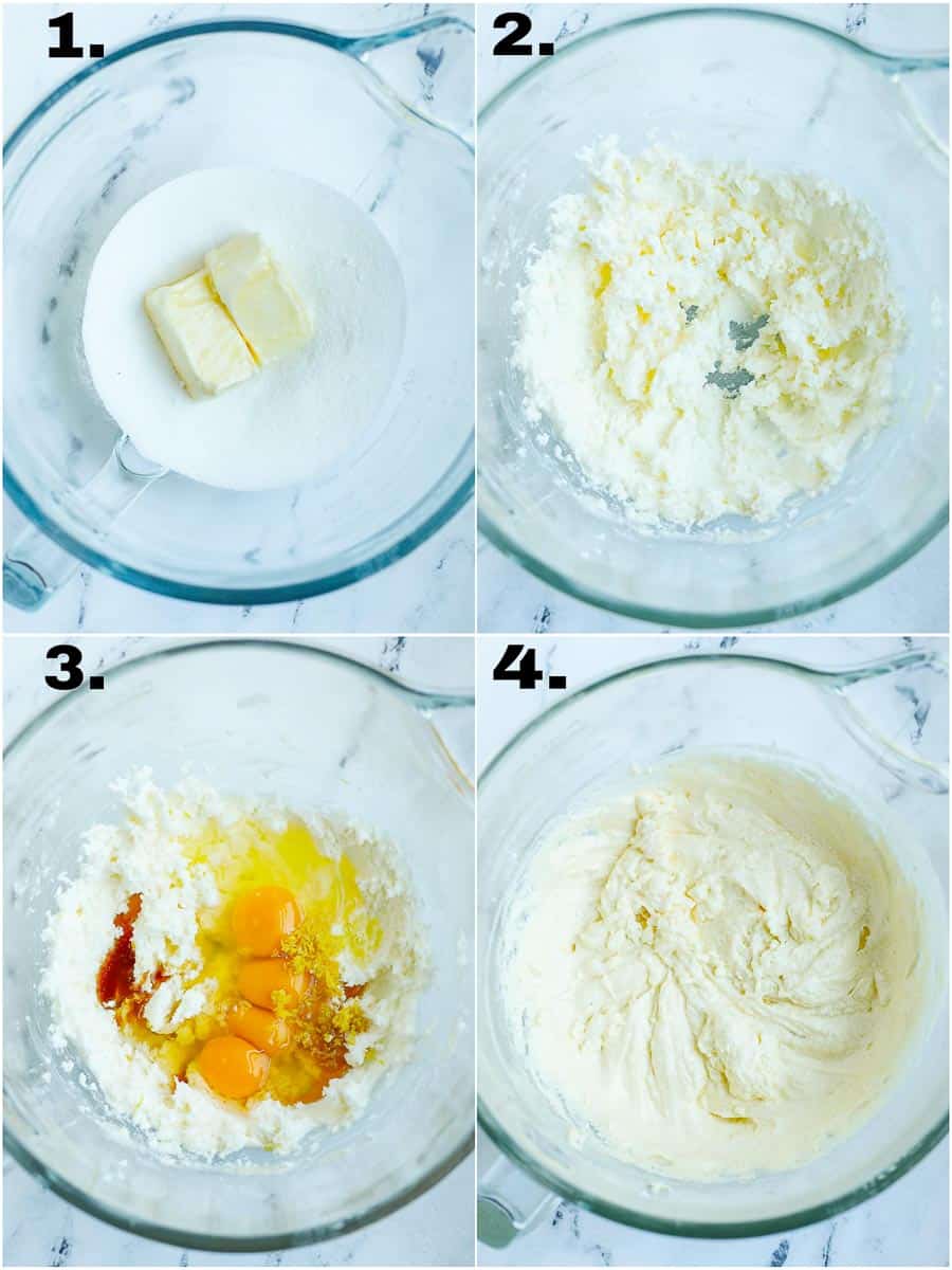 Before and after the butter, eggs and sugar got mixed in a glass bowl.