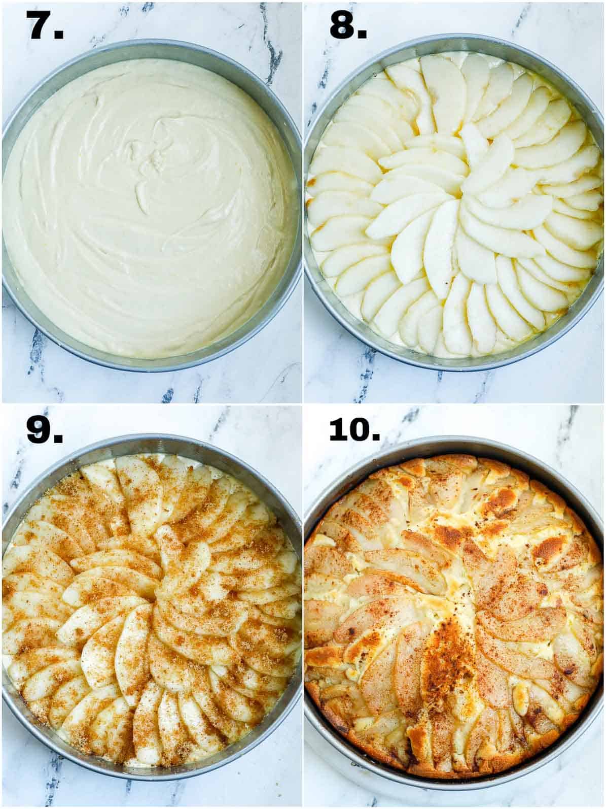 steps showing pear cake in a pan, before and after adding pears, then after baking.