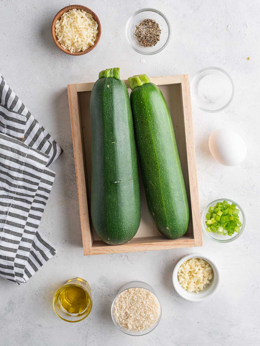 ingredients of zucchini fritter laid out