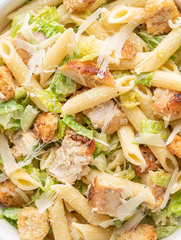 close up shot of the chicken ceasar pasta salad