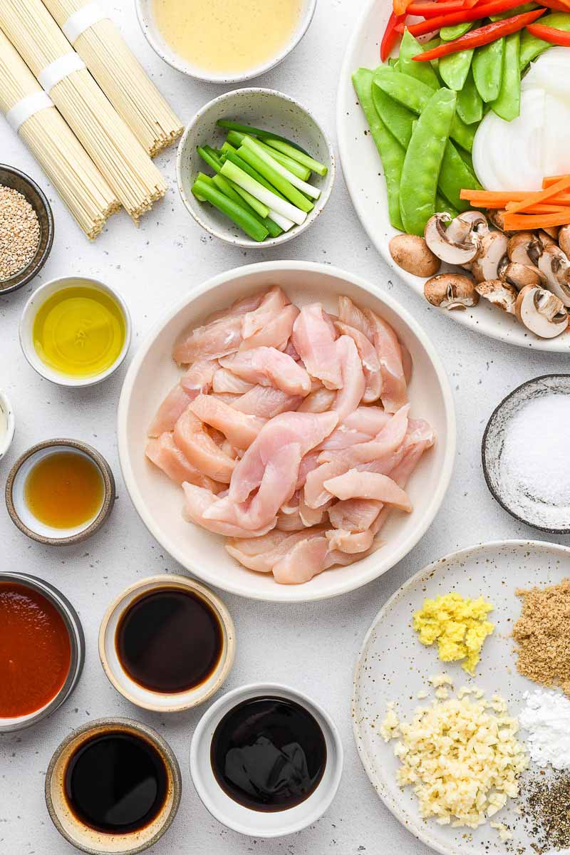 top down shot of the chicken lo mein ingredients