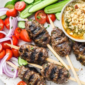 top down close up shot of the beef kofta on a plate with sides