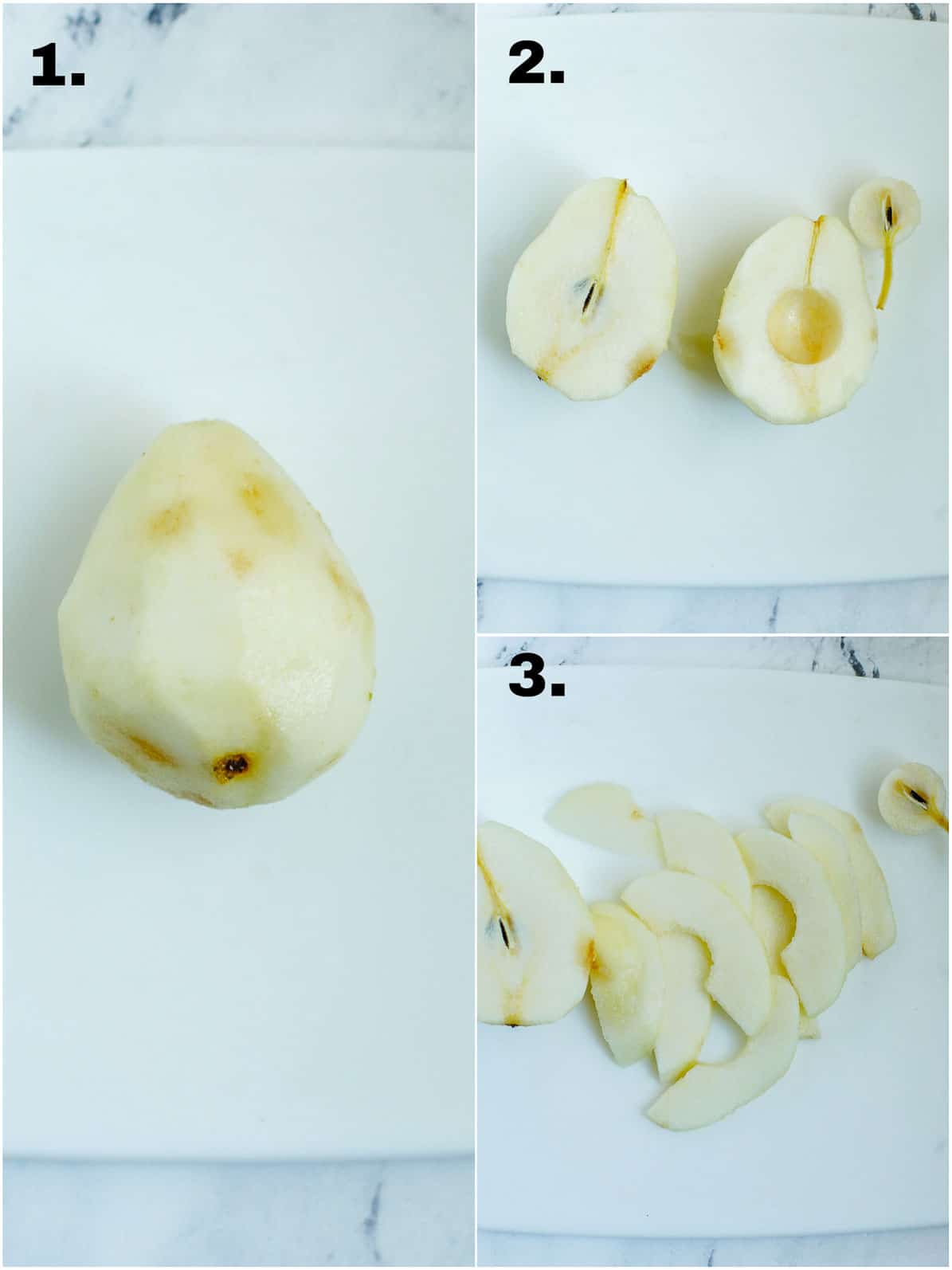 steps showing how to slice the pears.