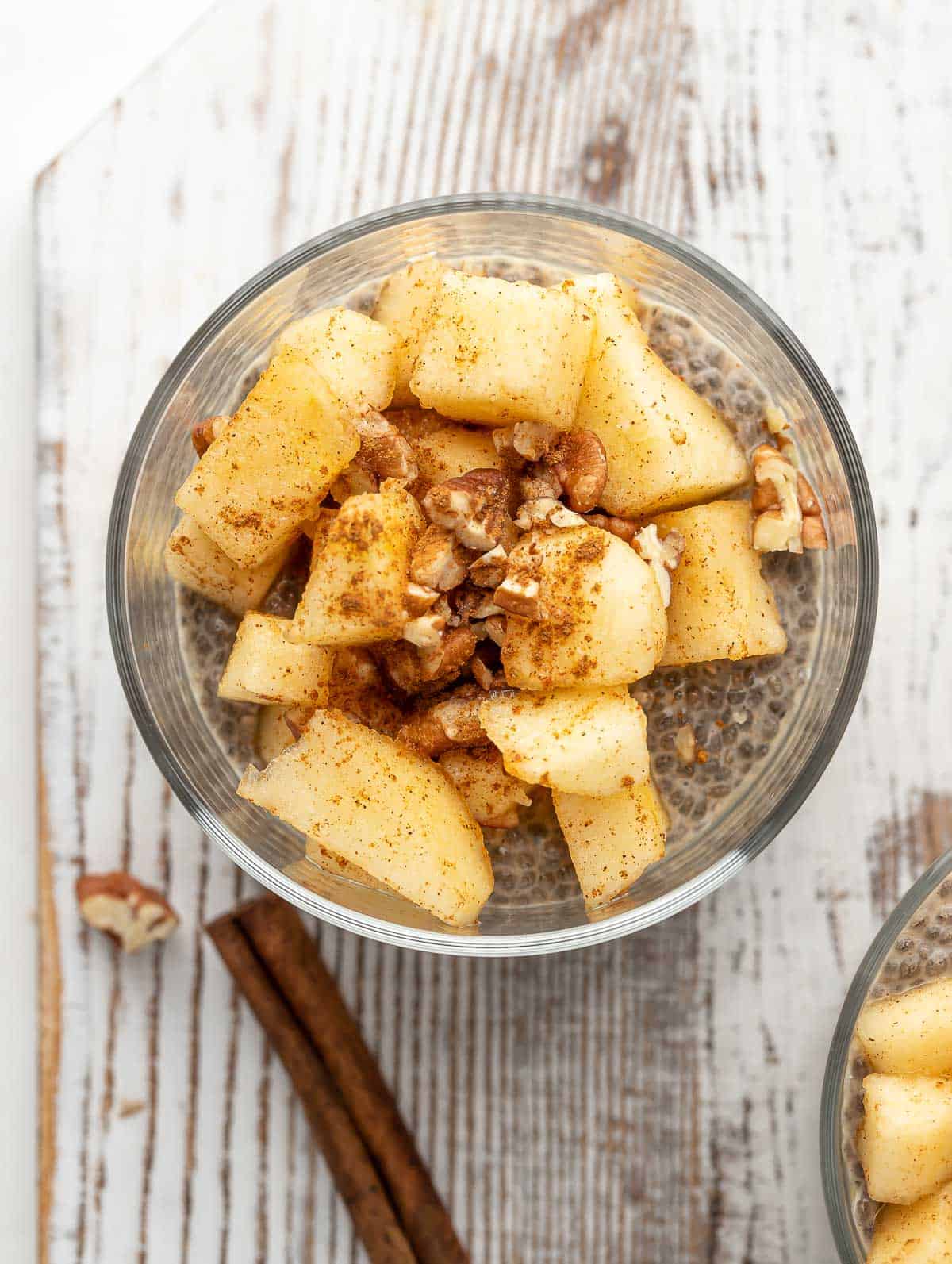 top view Overnight Chia Pudding topped with apples and pecans