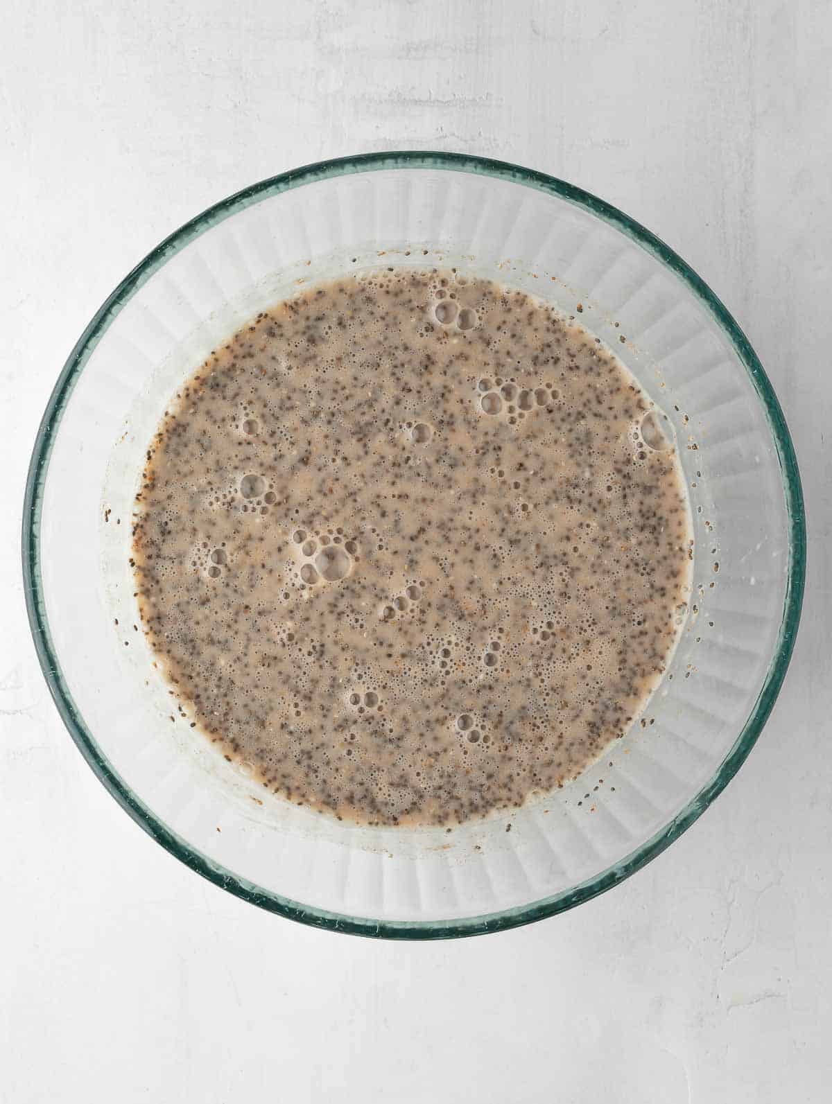 chia mixed with almond milk in a bowl.