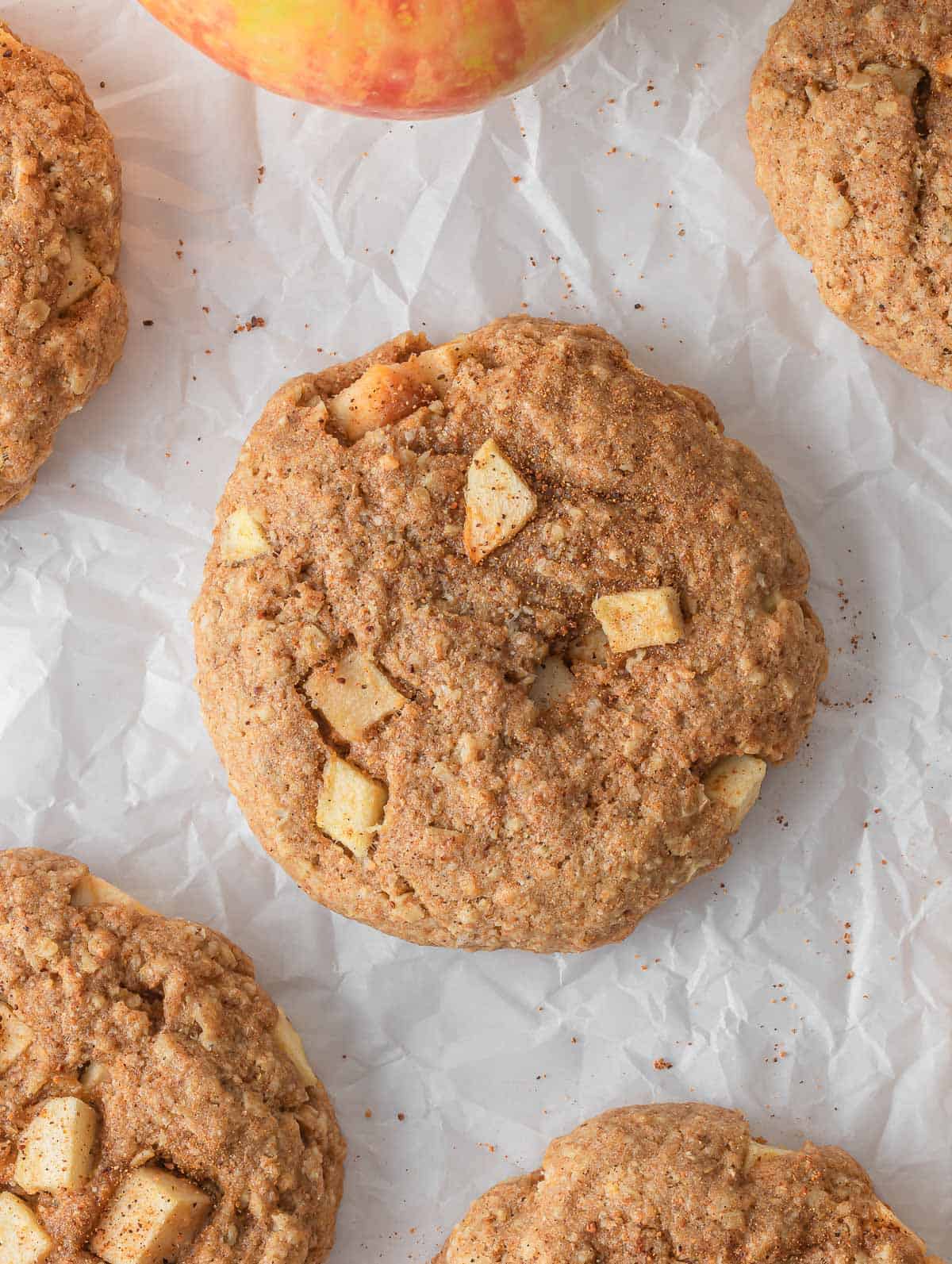 Overhead view of healthy apple pie oatmeal cookies.