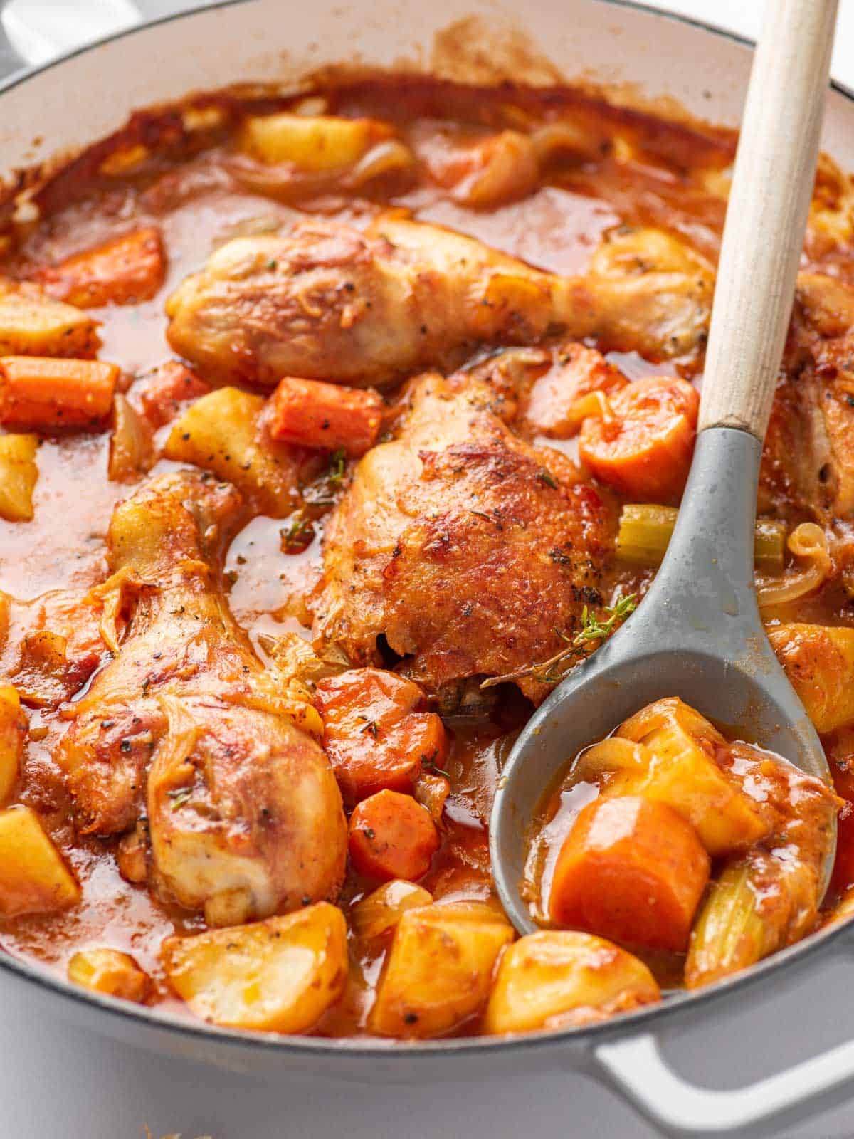 close up shot showing the veggies in the chicken stew with a spoon