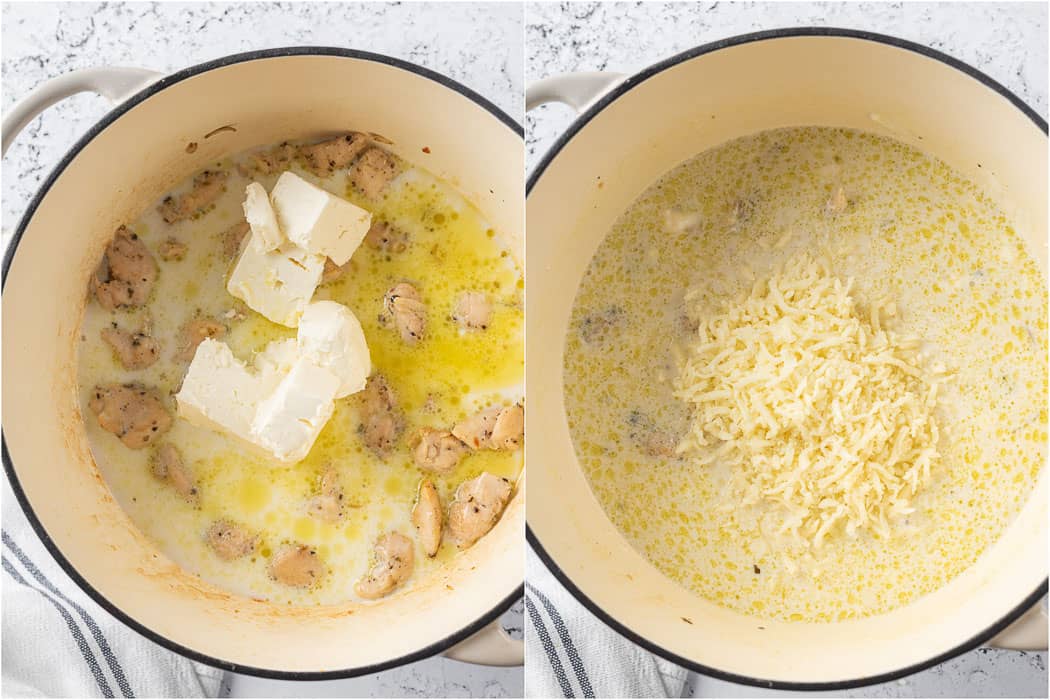 creamy chicken sauce before and after adding cheese