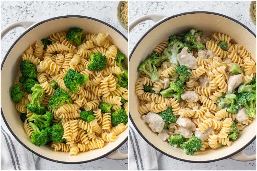 cooked pasta and broccoli added into the creamy chicken sauce