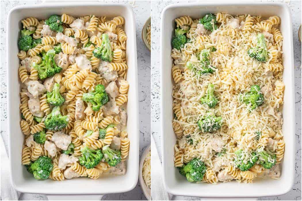 chicken and broccoli pasta in a white baking dish before and after adding cheese on top.