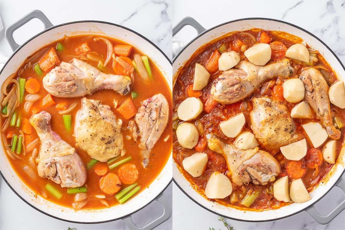process shot showing steps on how to make easy chicken stew