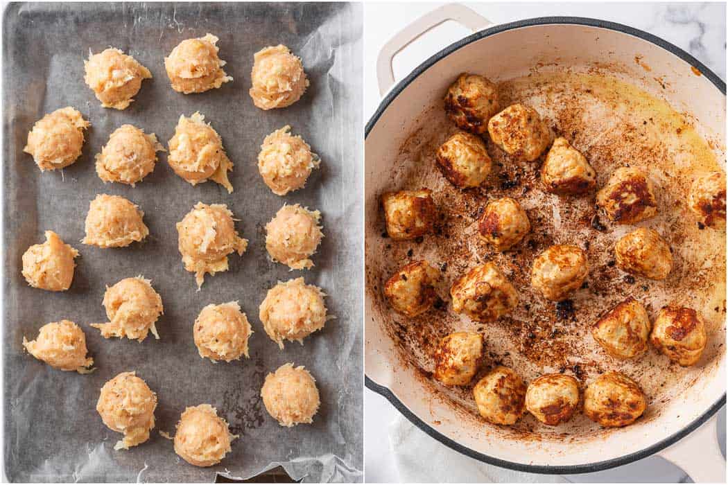 Meatballs rolled and pan cooked.