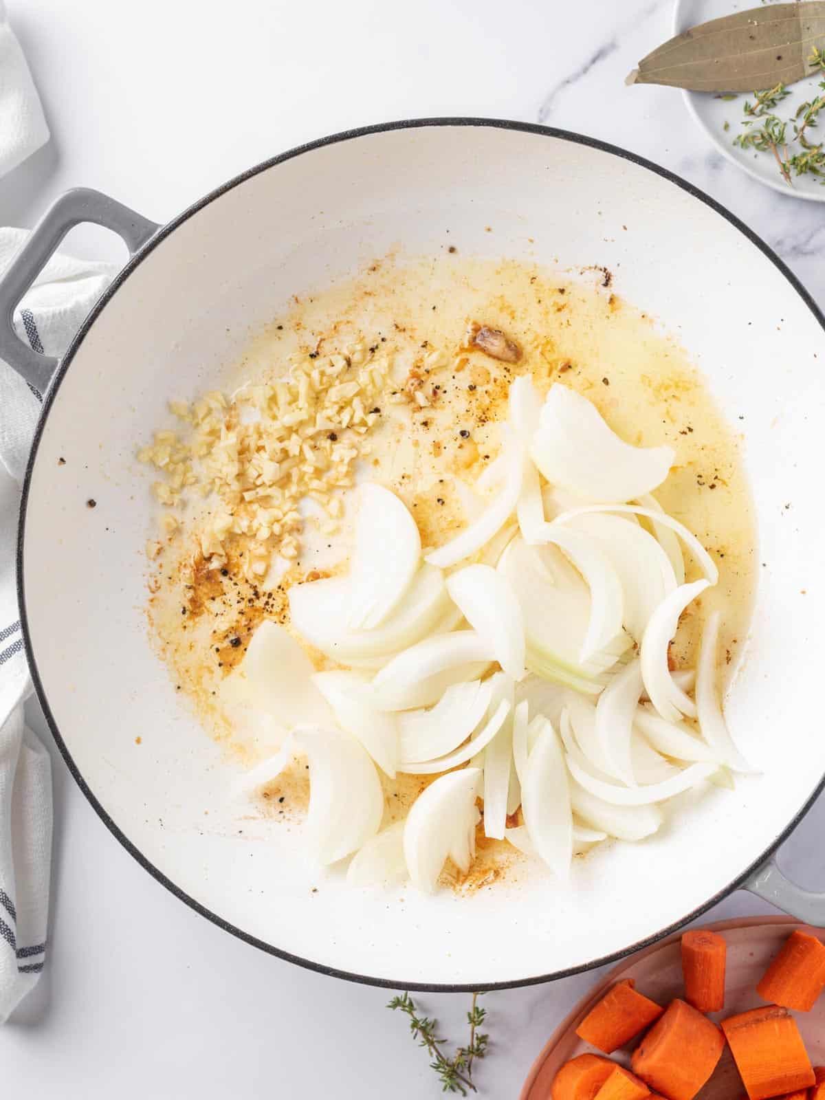 onion and garlic sauteed to add into the chicken stew