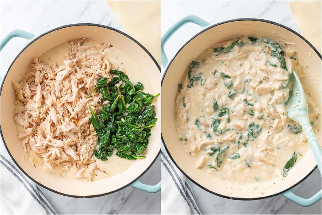 Chicken and spinach added to the white sauce.