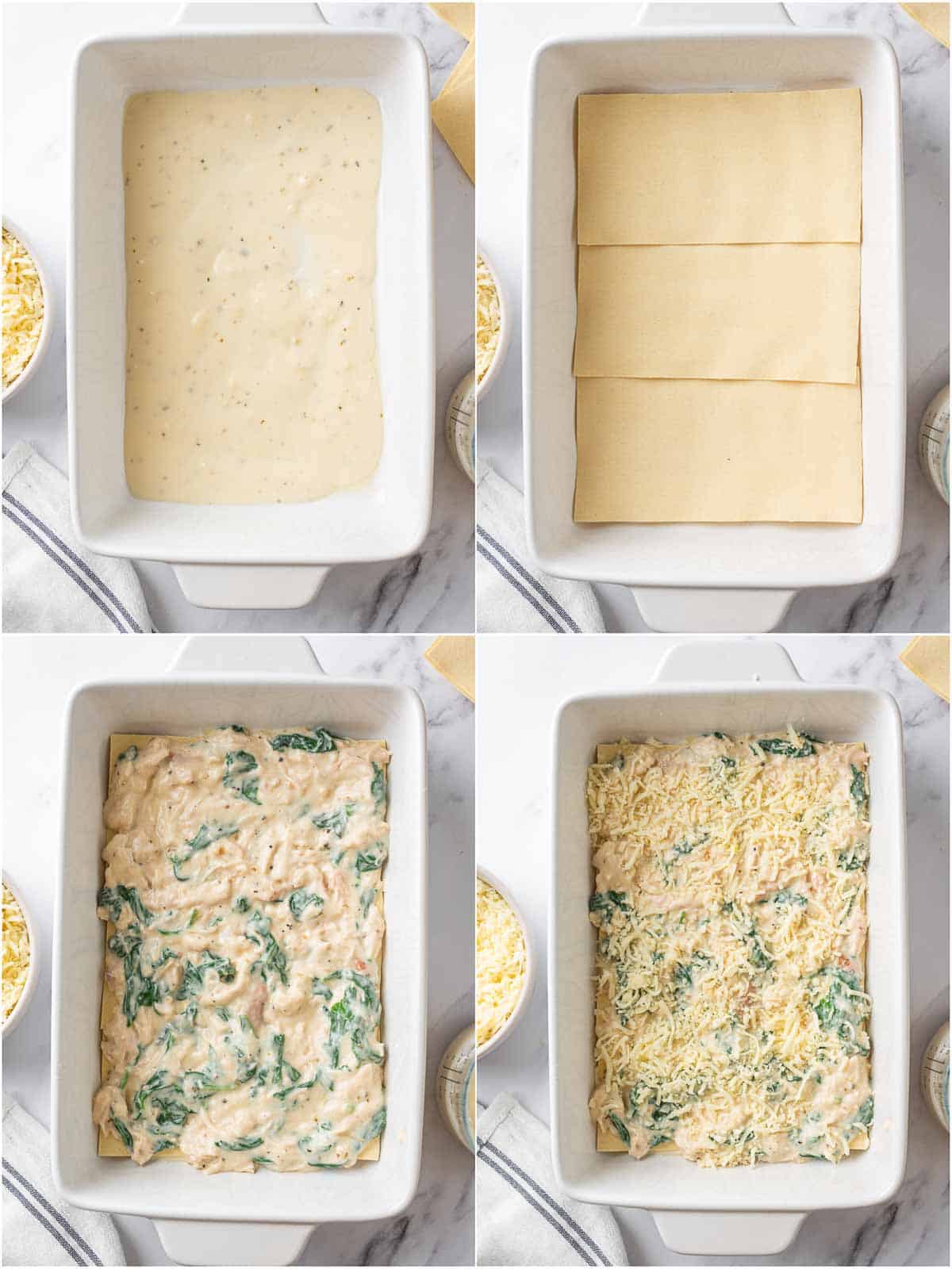 Sauce, pasta, filling, and cheese layered in a lasagna pan.