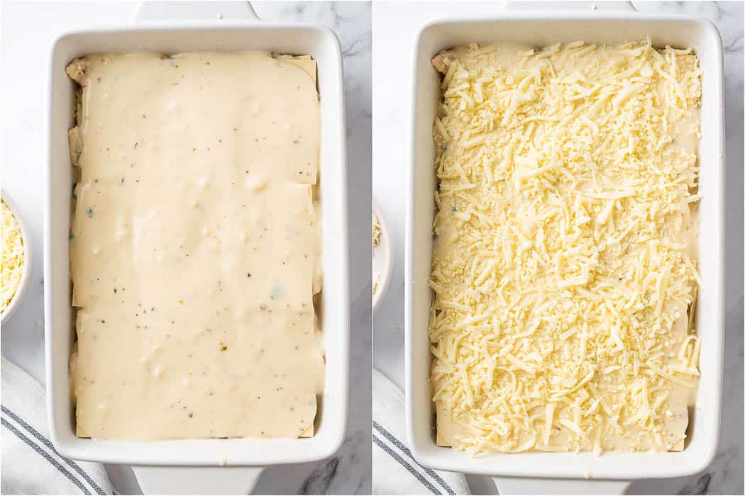 Sauce and cheese added to a baking dish.