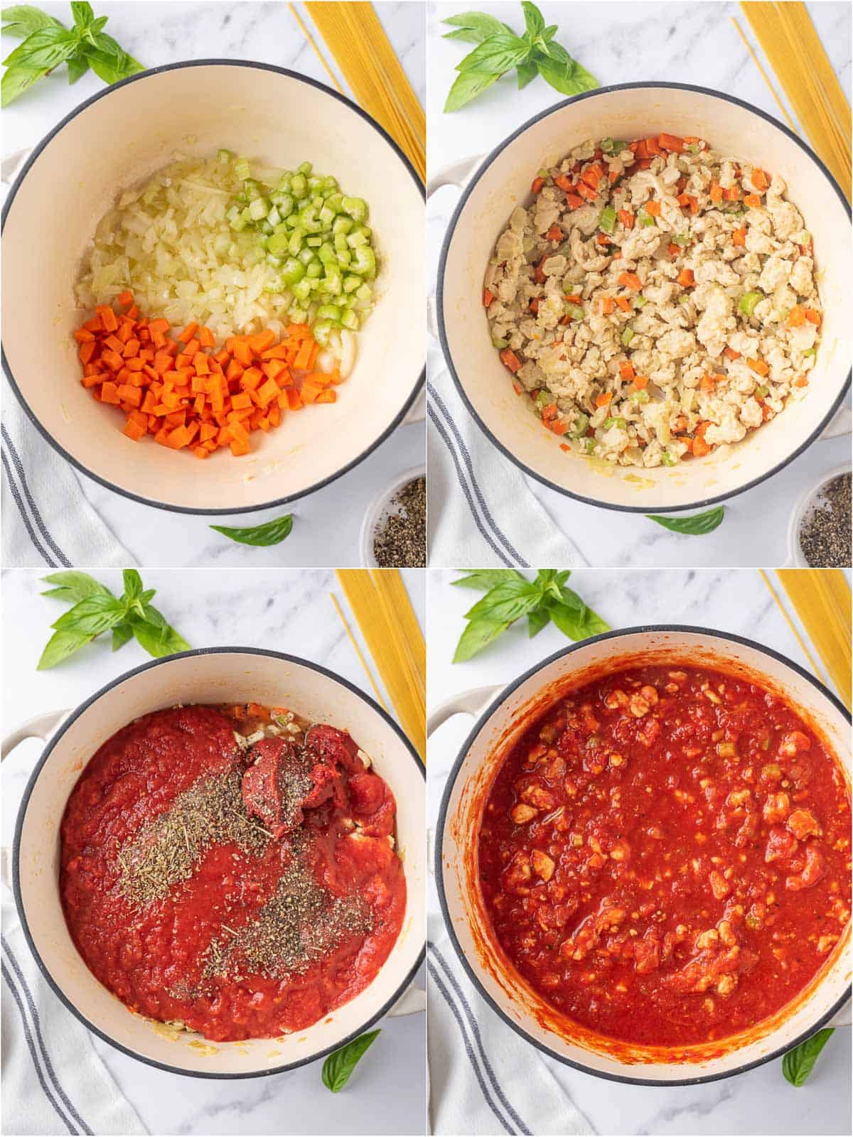 process shots showing how to make the spaghetti sauce