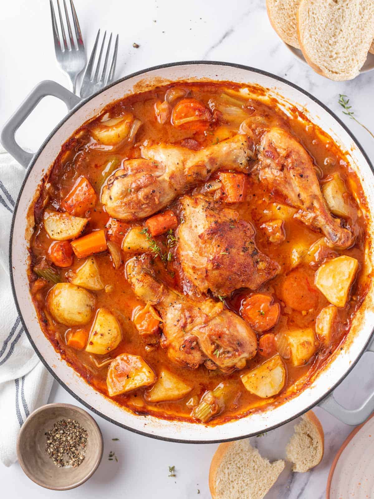 Easy chicken stew recipe with veggies in a skillet