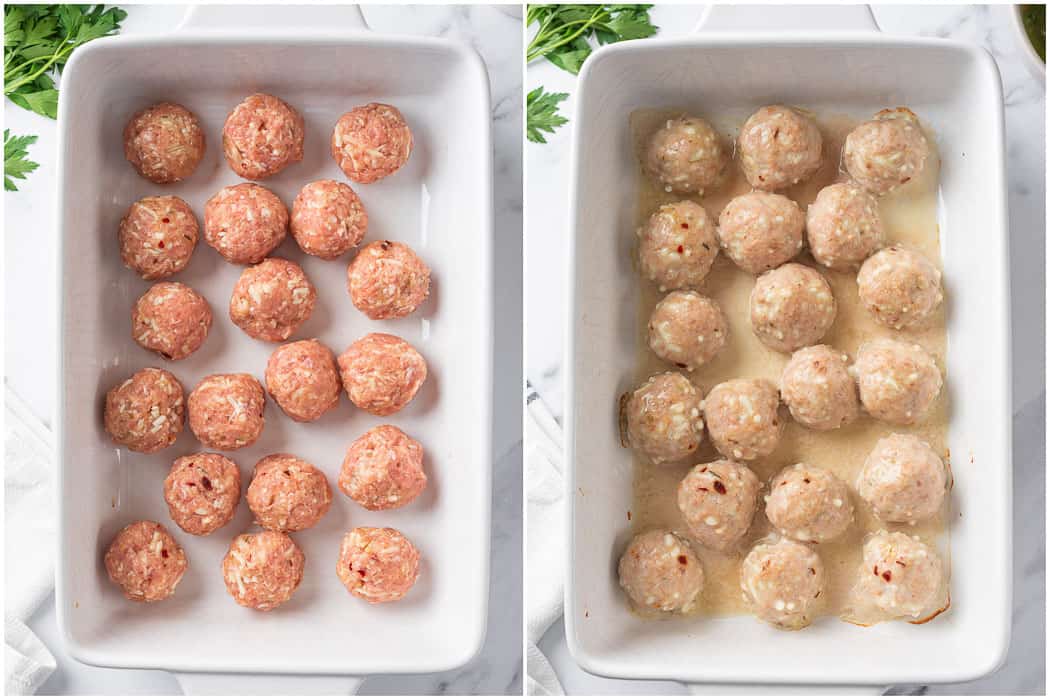 Raw meatballs in a baking dish and then baked.