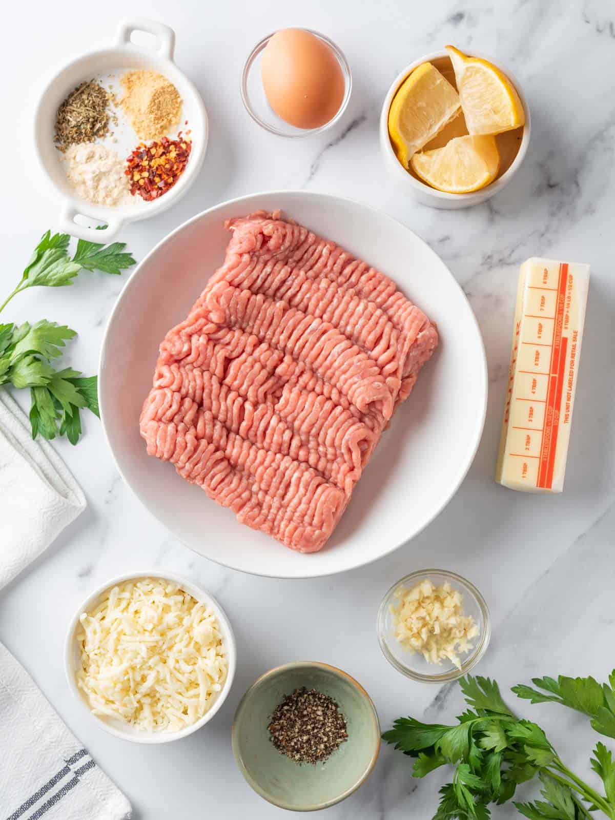 Ingredients to make Garlic Butter Turkey Meatballs.