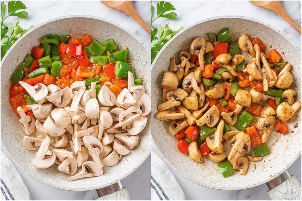 Vegetables cooked in a pan and then chicken bites added.