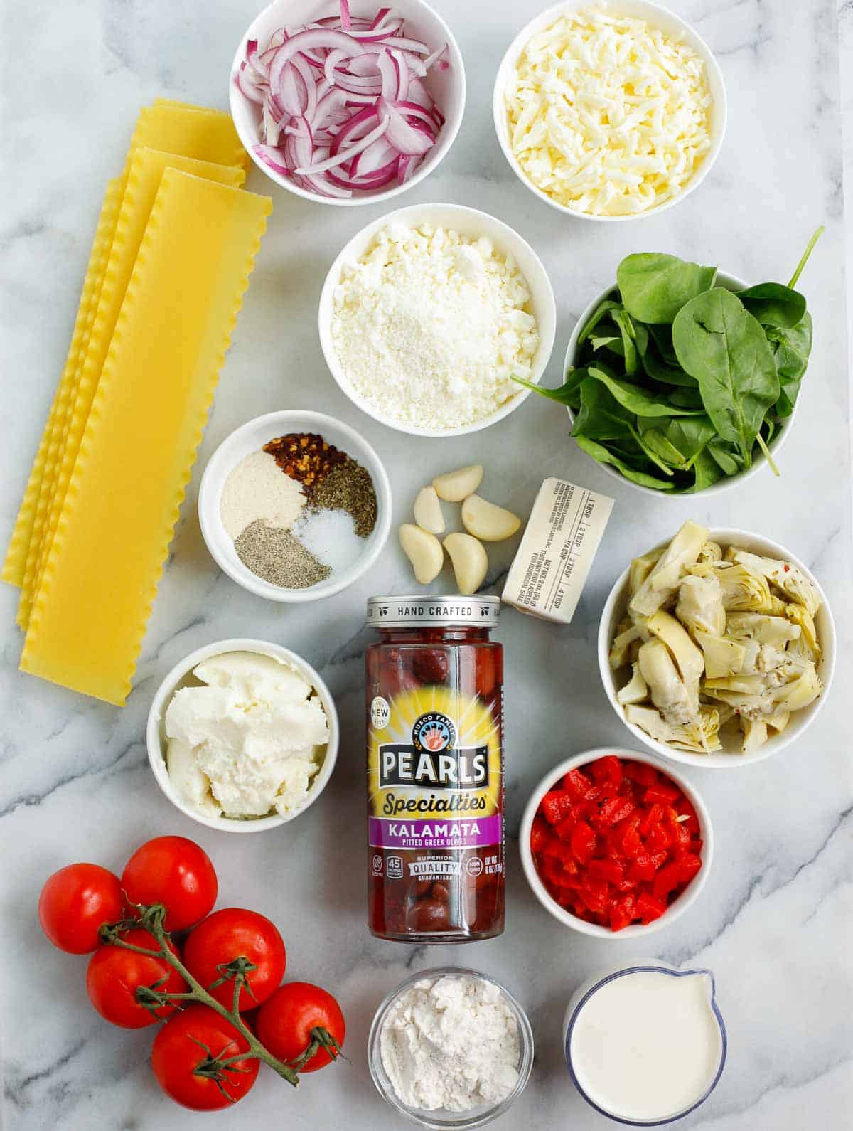 ingredients of the Greek White Alfredo Lasagna recipe