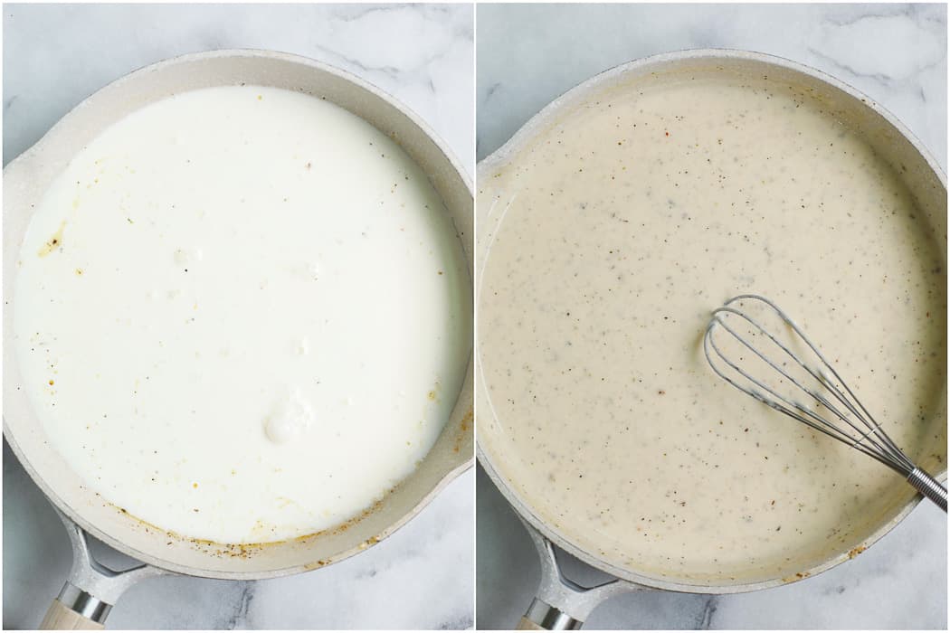 making of Greek White Alfredo Lasagna sauce