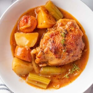 Healthy Chicken Stew recipe served on a white plate