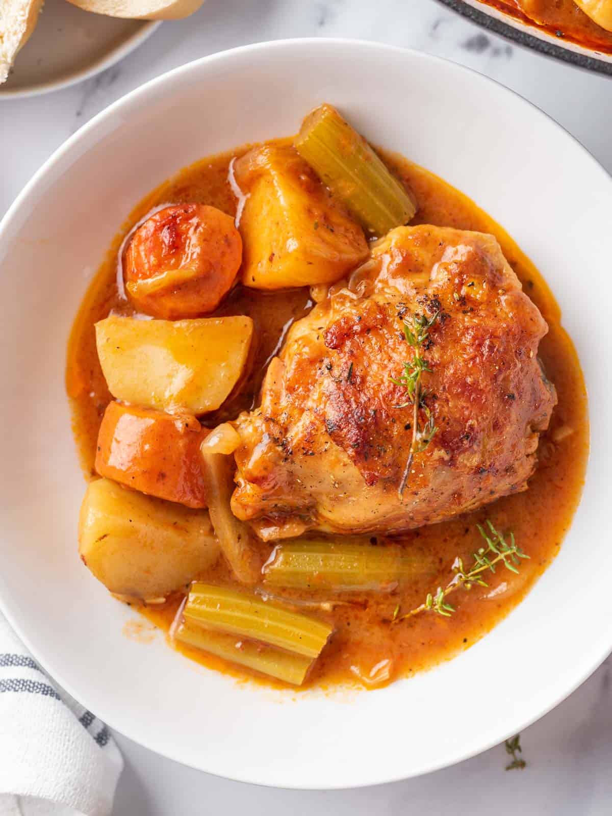 Healthy Chicken Stew recipe served on a white plate