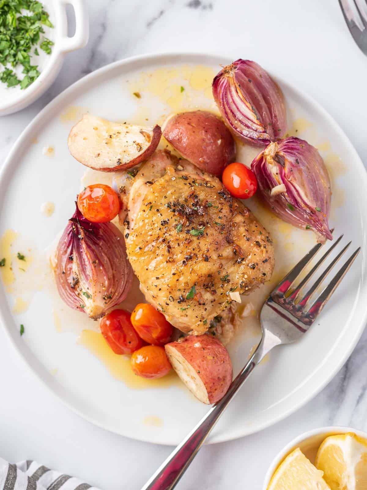 piece of Mediterranean Chicken on a plate with roasted vegetables