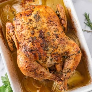 A whole roasted chicken in a baking dish.