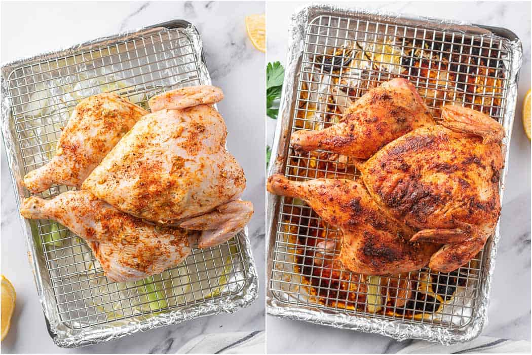 Before and after roasting a spatchcock chicken.