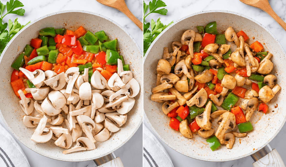 Mushrooms cooking with red and green bell peppers in a skillet.