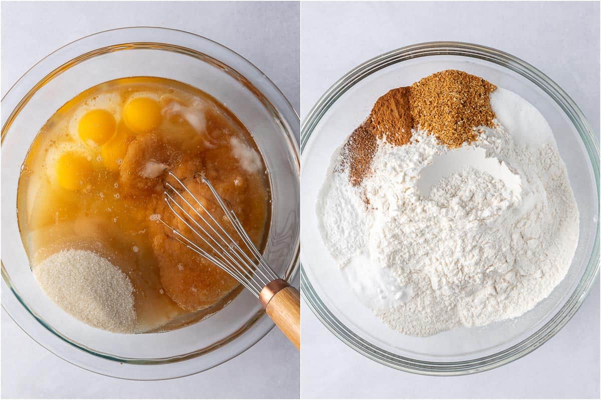 two bowls showing wet ingredients of carrot cake and dry ingredients of carrot cake.