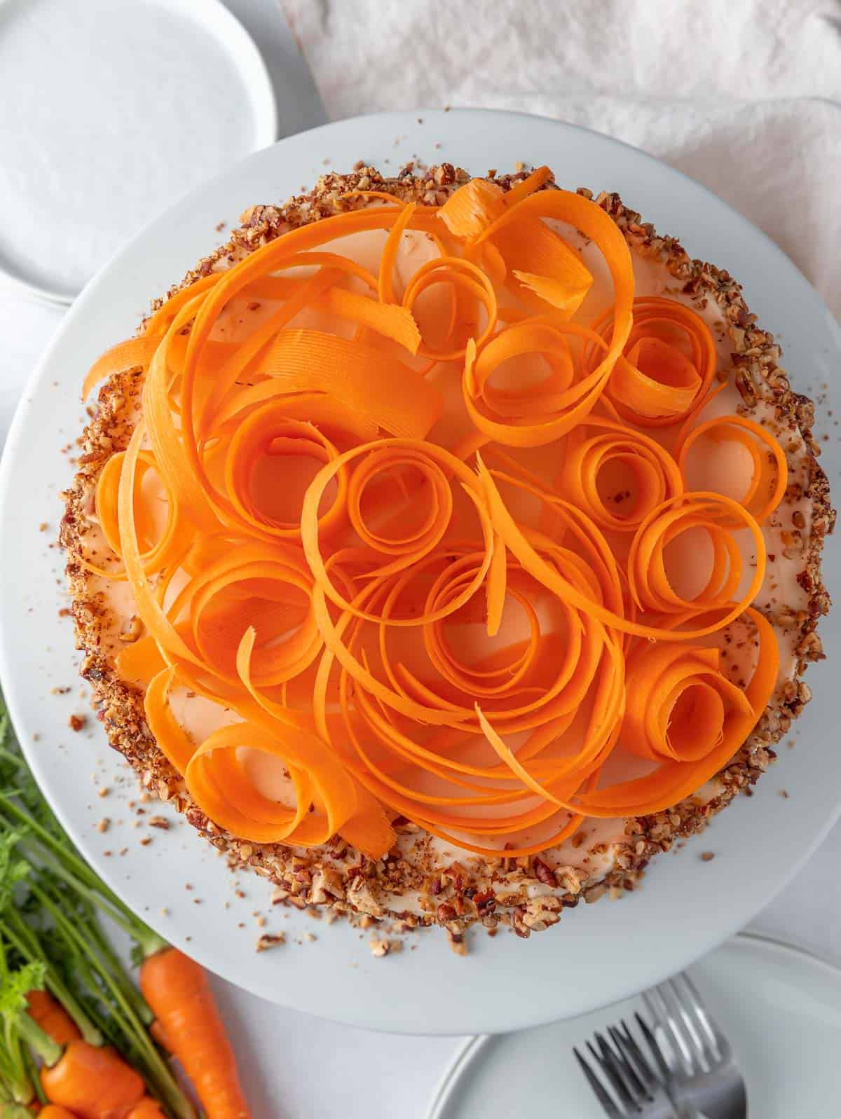 top view showing decorated carrot cake