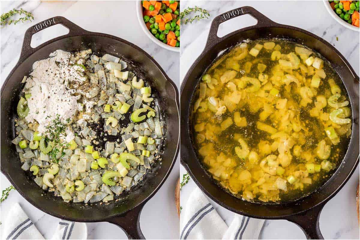 process shots showing the sauté process of the vegetables