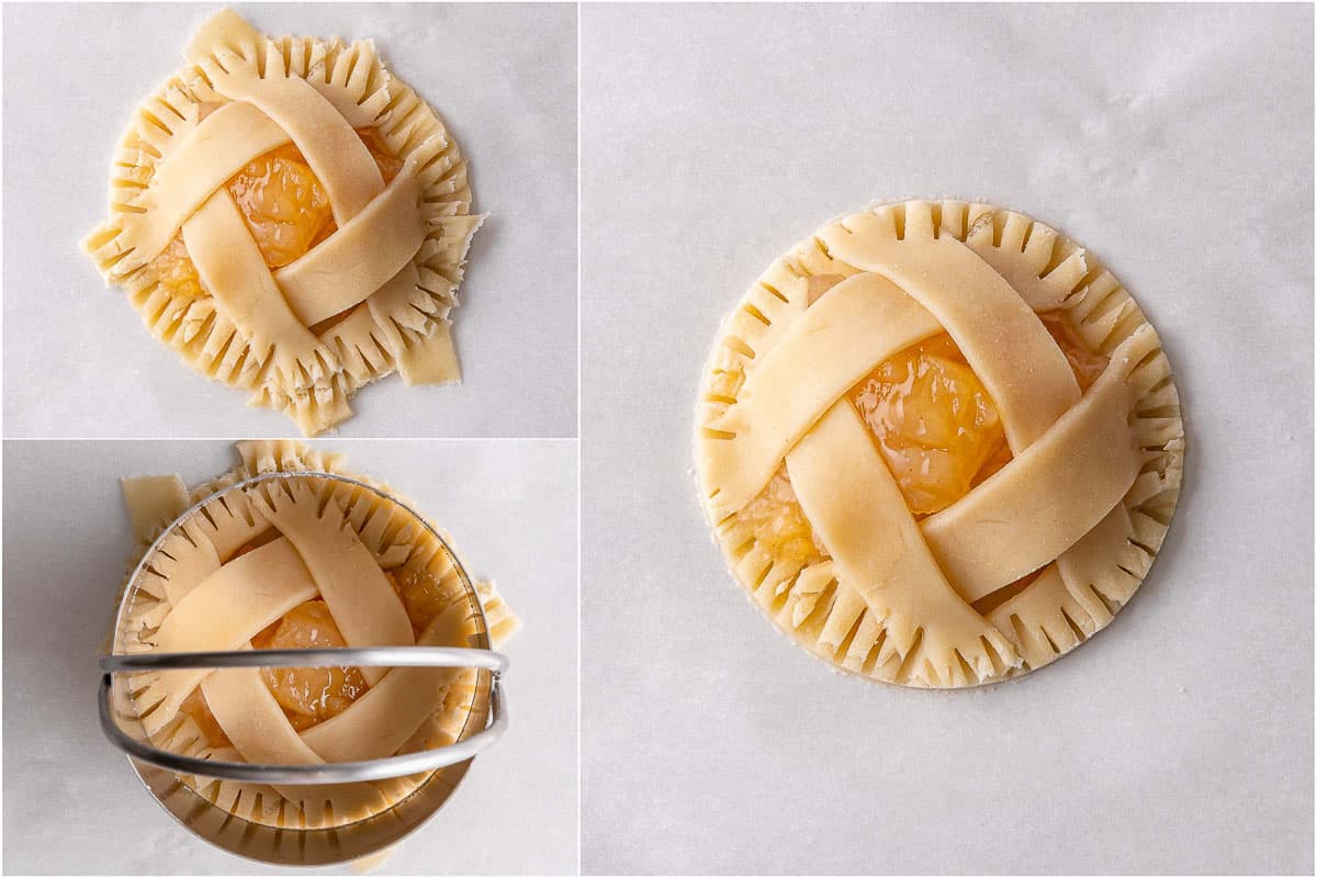 process shots showing how to cut the extra edges of the pie with cookie cutter before baking