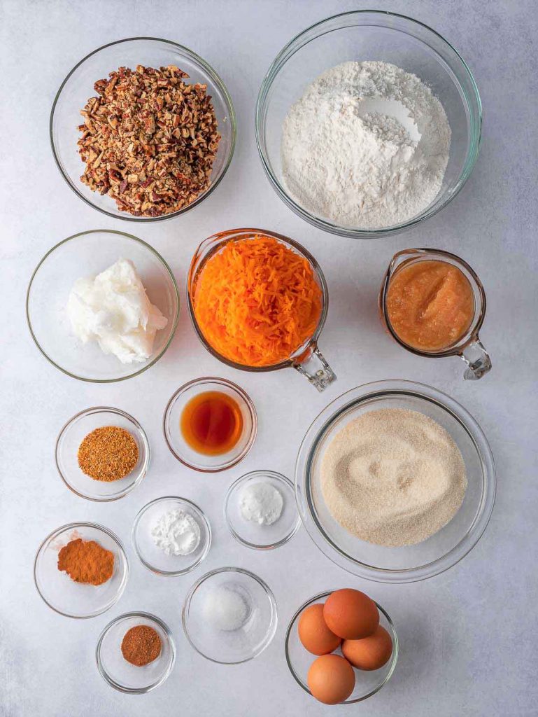 carrot cake ingredients in ramekin bowls