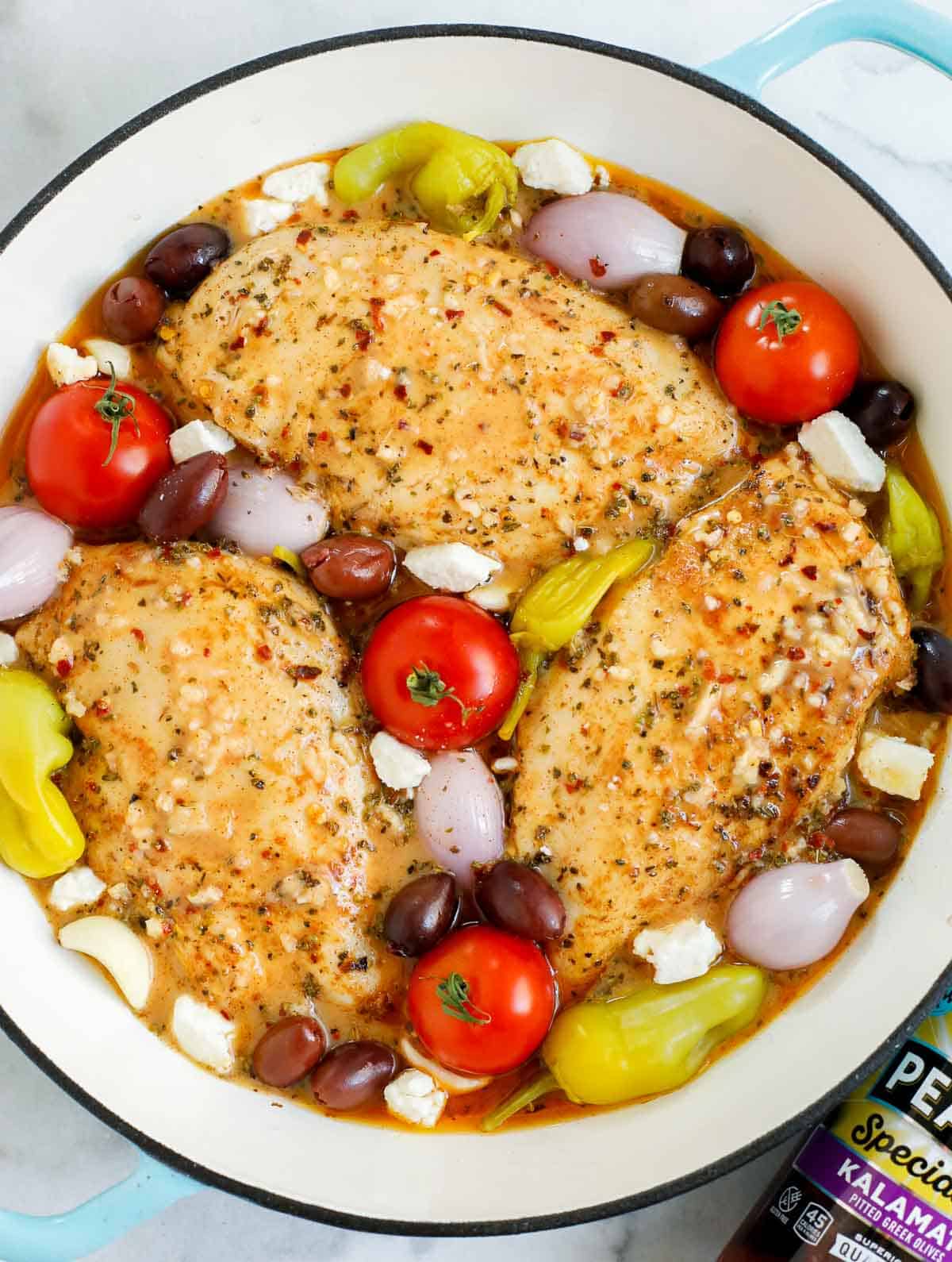 A pan of baked greek chicken.