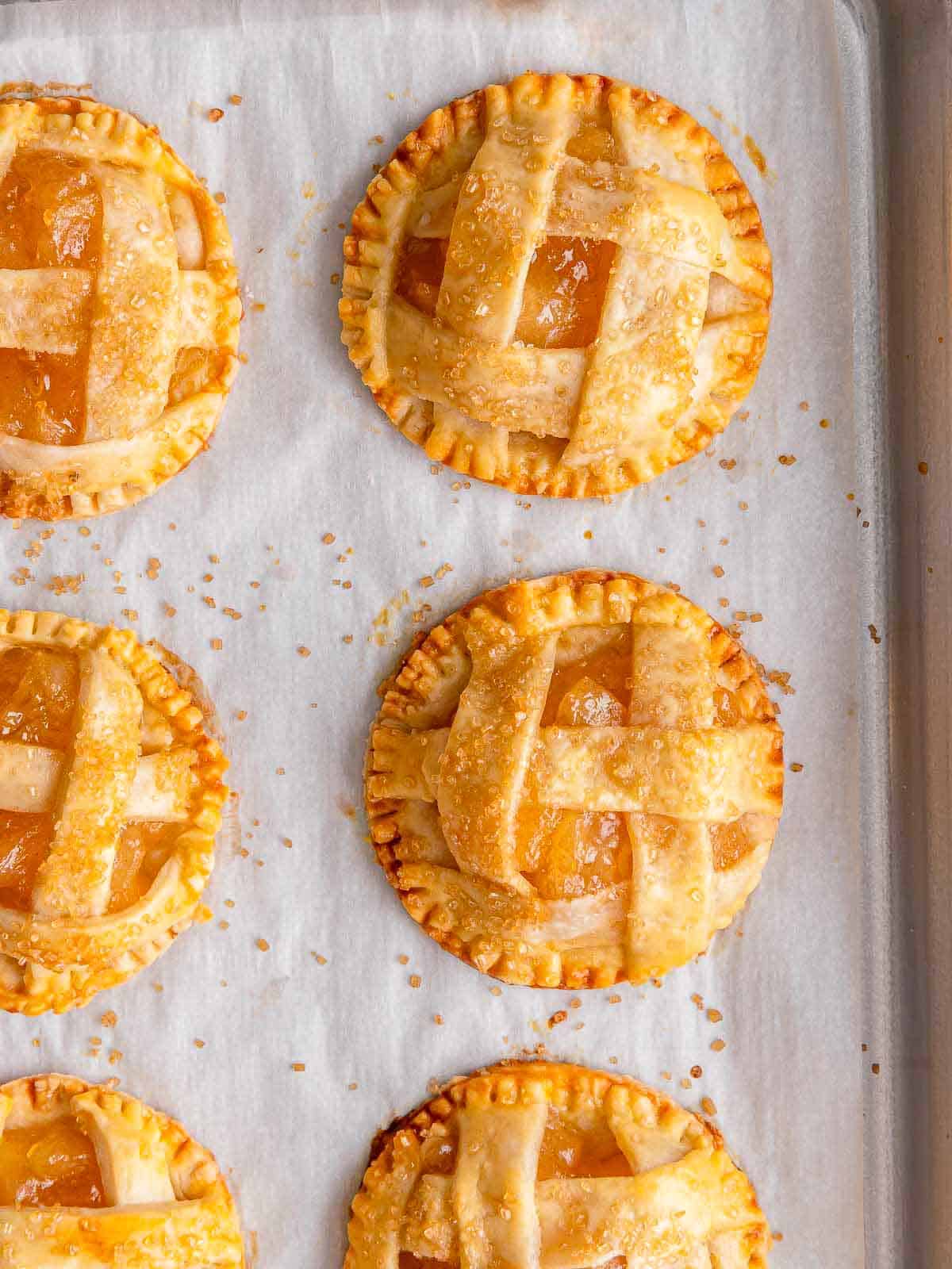 Baked mini apple pies with golden lattice crusts and coarse sugar.