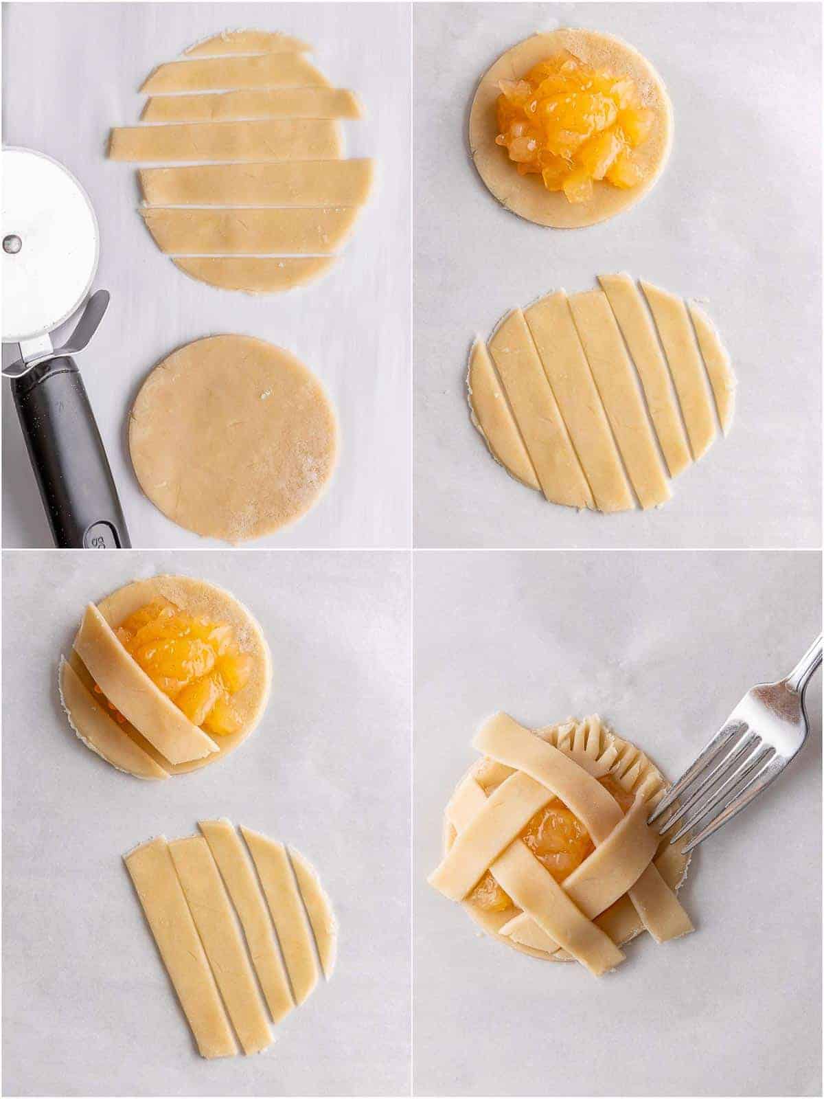 Pie crust rounds topped with apple filling beside cut pastry strips.