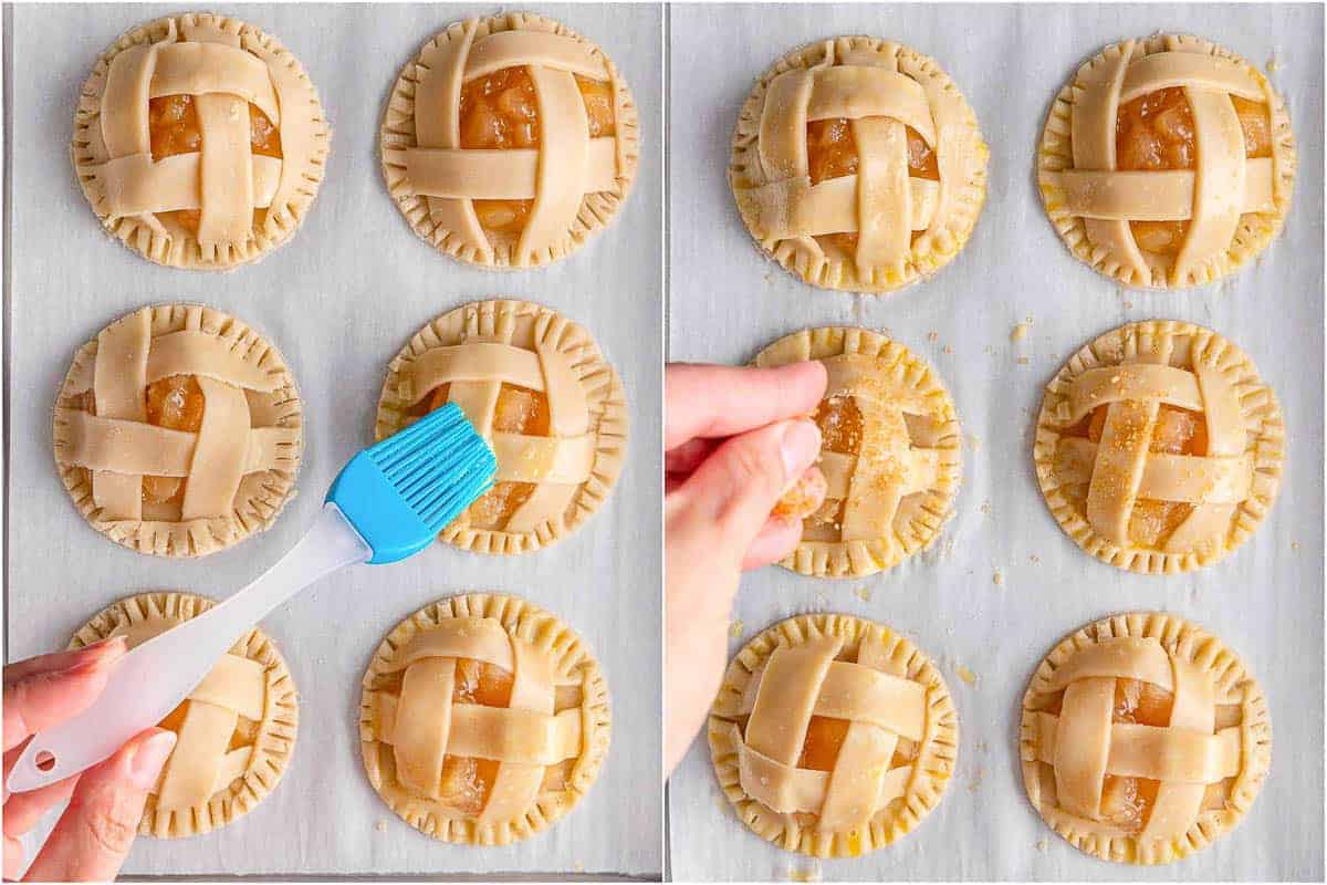 Unbaked apple pies brushed with egg wash and sprinkled with coarse sugar.