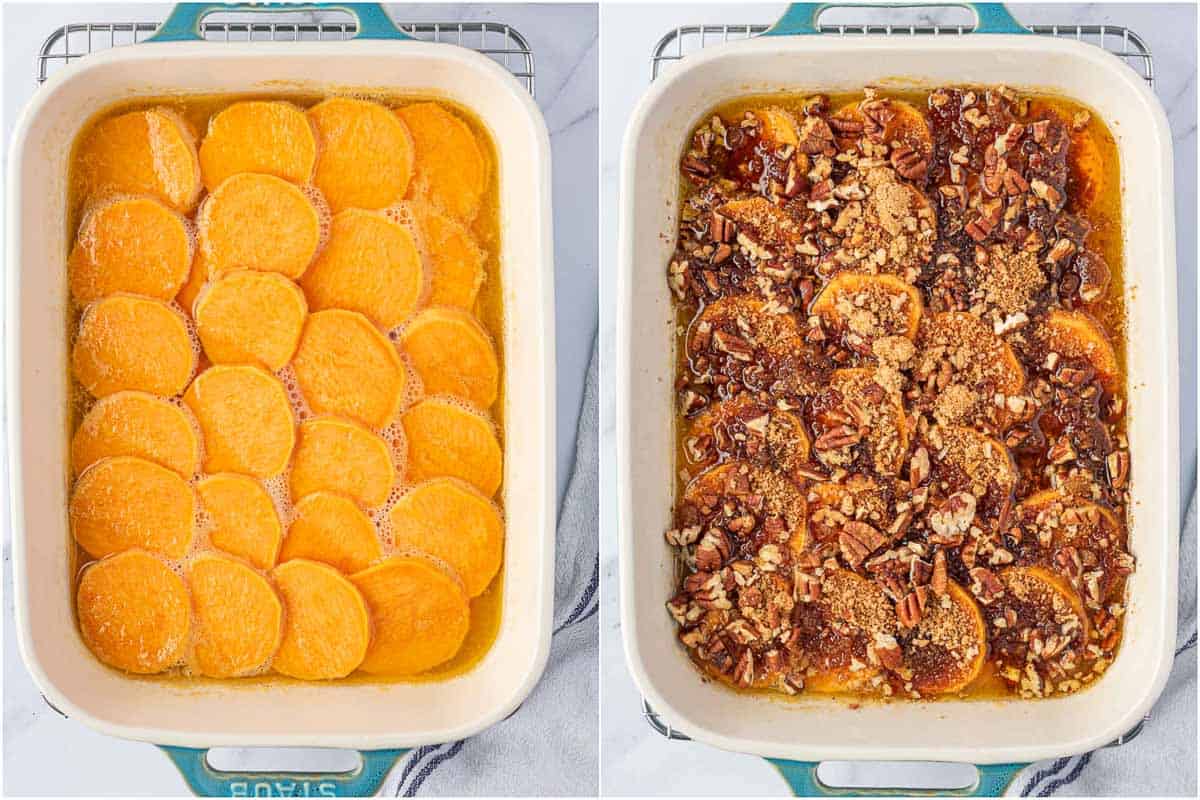 candied sweet potatoes in a dish, before and after adding the topping