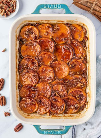 candied sweet potatoes in a baking dish